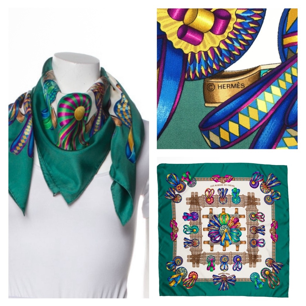 HERMES LES RUBANS DU CHEVAL SCARF  - Aqua-Green 90 63200402